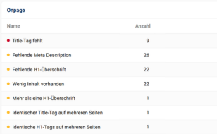 Das Bild zeigt eine Übersciht über Onpage Fehlern - Sistrix Backend